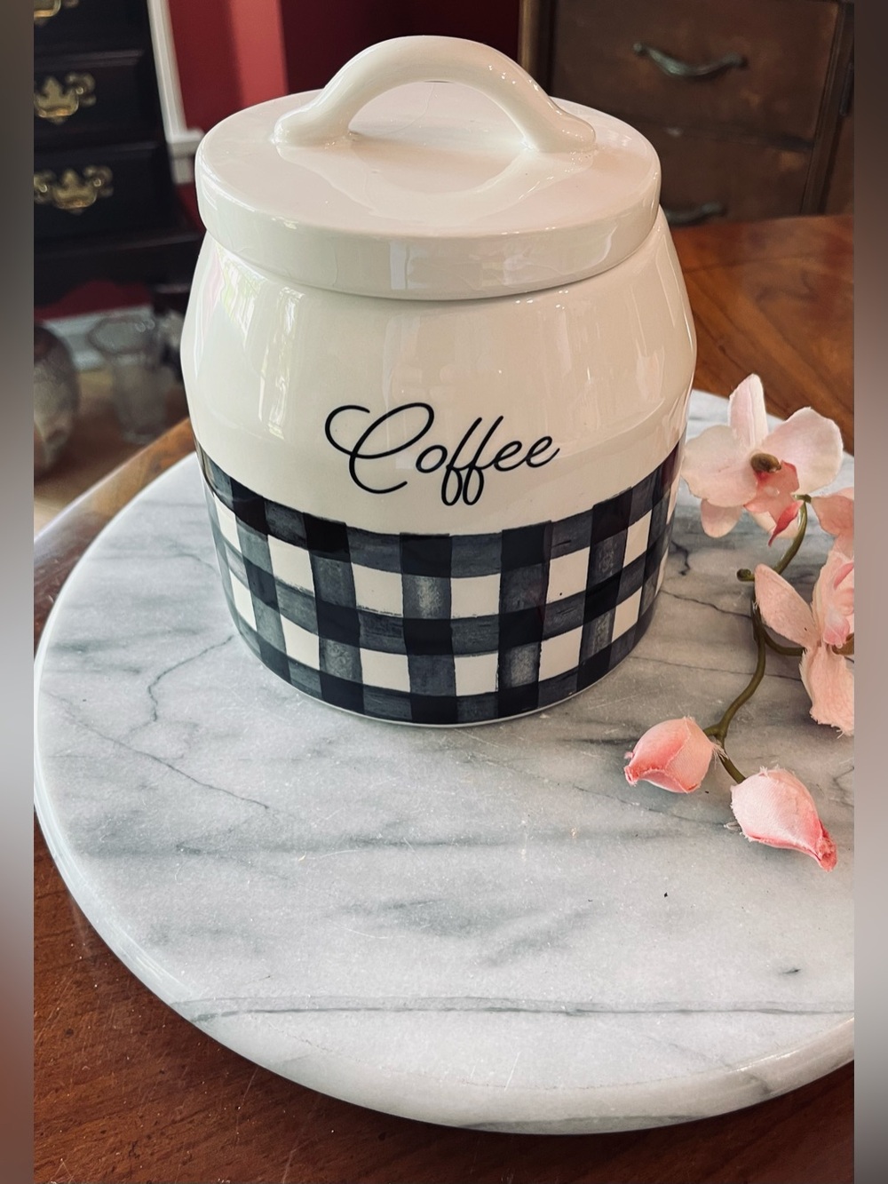Sheffield Home Ceramic “Coffee” Canister BLK&White Buffalo Check Farmhouse - Picture 1 of 12